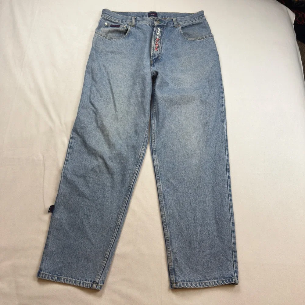 Vtg Tommy Jeans Mens Light Wash Embroidered Logo Straight Y2K 90s streetwear EUC